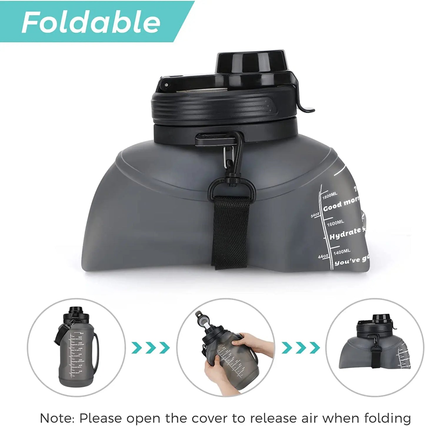 Collapsible Water Bottle, 2L/64OZ Large Capacity with Straw Half Gallon Silicone Foldable Water Bottle with Carrying Strap